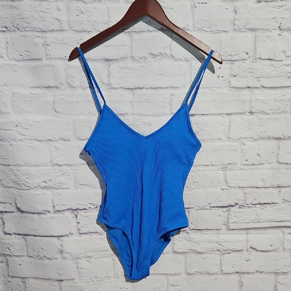 No Boundaries Bright Blue Ribbed V‑Neck One‑Piece Swimsuit